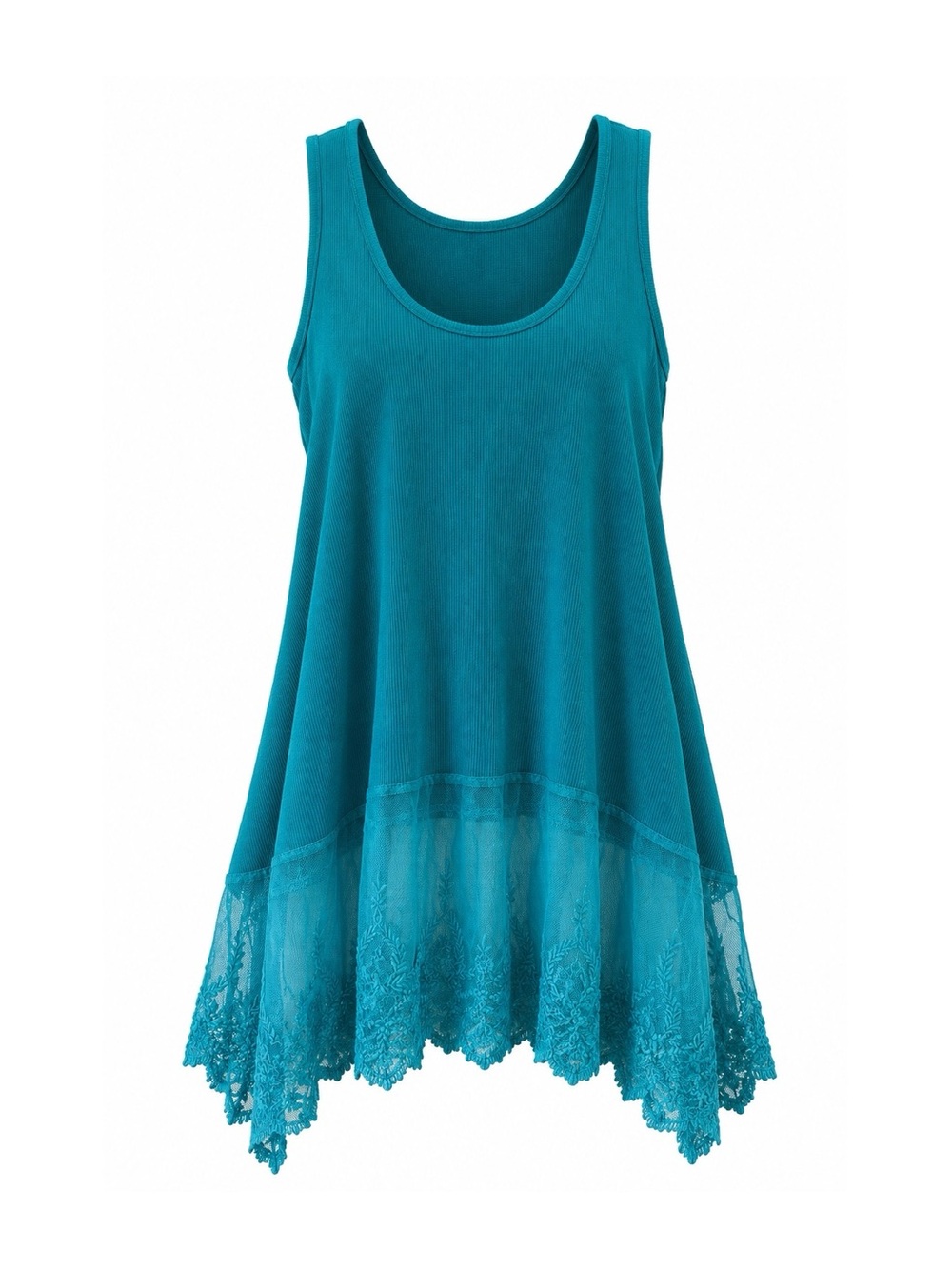Umgee USA | Teal Ribbed Lace Hem Tank Top Tunic | Women’s Size: L